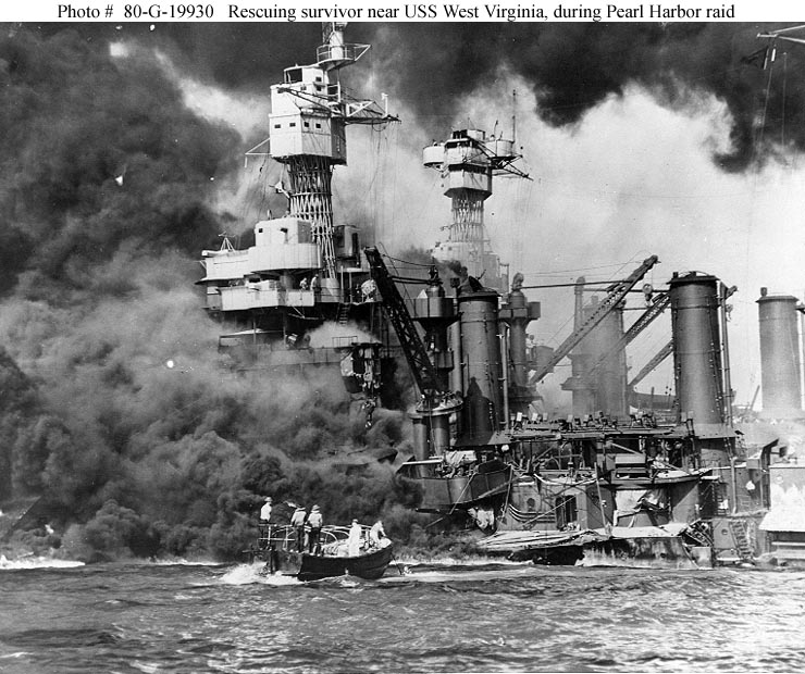 Rescuing survivor near USS West Virginia during Pearl Harbor raid