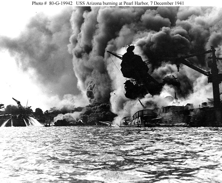 USS Arizona burning during the Pearl Harbor raid