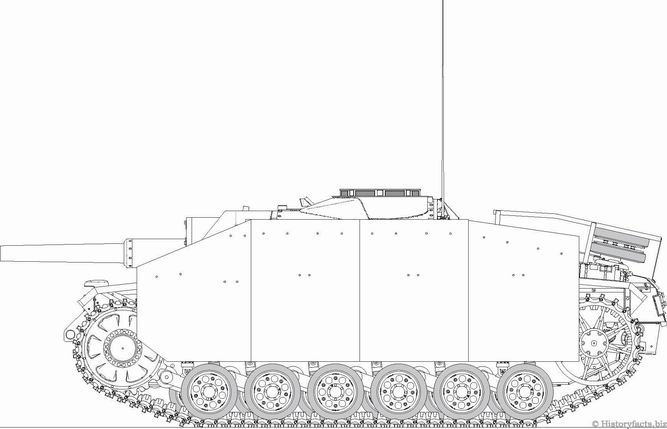 This plan shows a side view of the Sturmhaubitze (StuH), as produced in September 1944. 
