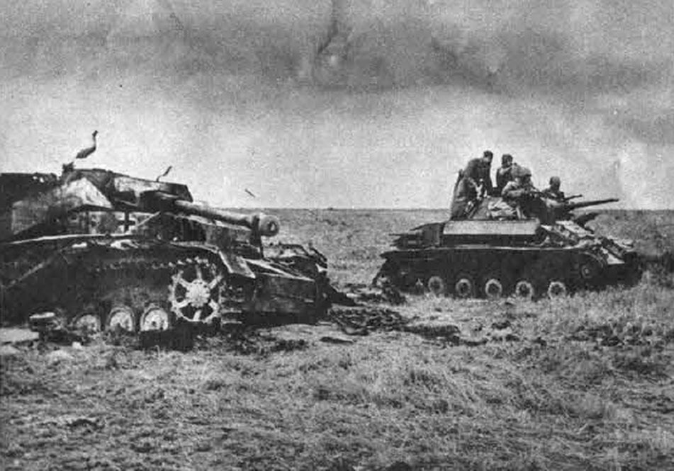 T-70 Light Tank passes destroyed Panzer IV 