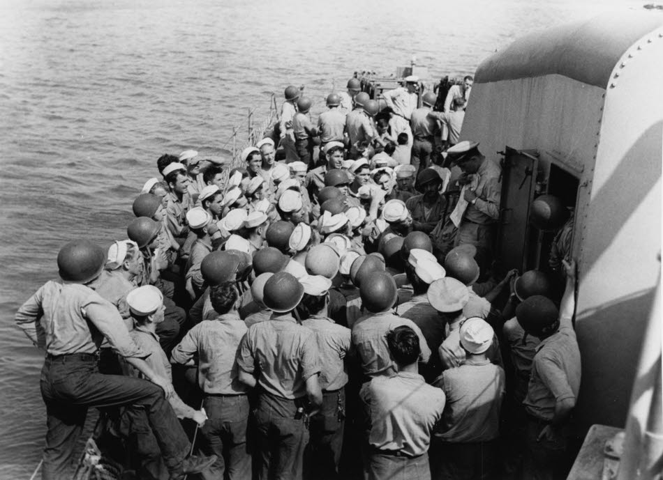 Crew being briefed for Sicily on USS Buck (DD-420) 