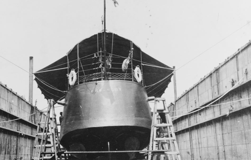USS Chauncey in floating dry dock, Olongapo, 1910 