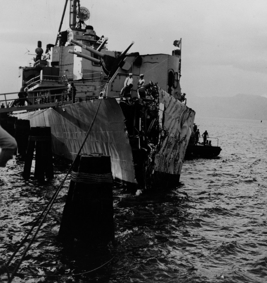 Damaged bow on USS Floyd B Parks (DD-884), 1956 