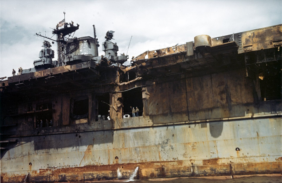 Damaged port side, USS Franklin (CV-13), 1945 