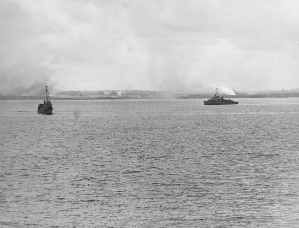 USS Gilmer (APD-11) and USS Zellars (DD-777) bombard Okinawa 
