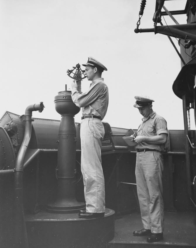 Lt Elvin C. Ogles on bridge of USS Halford (DD-480) 