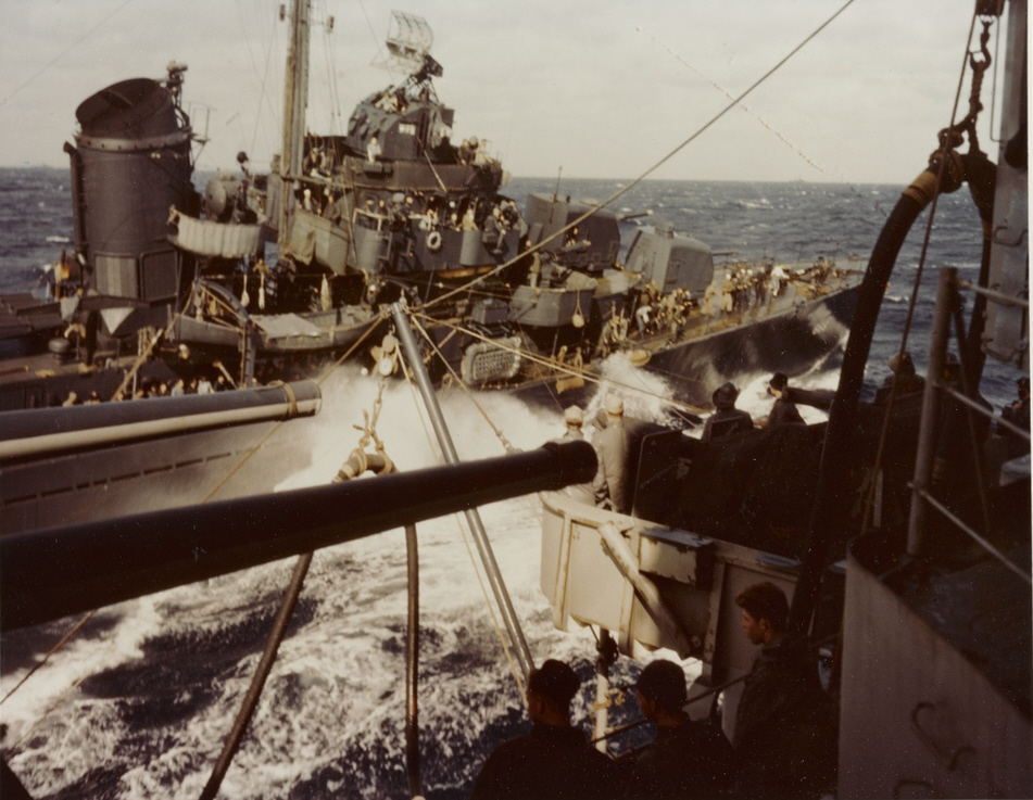 USS Halsey Powell (DD-686) refueling from USS Wisconsin (BB-64), 1 of 2 