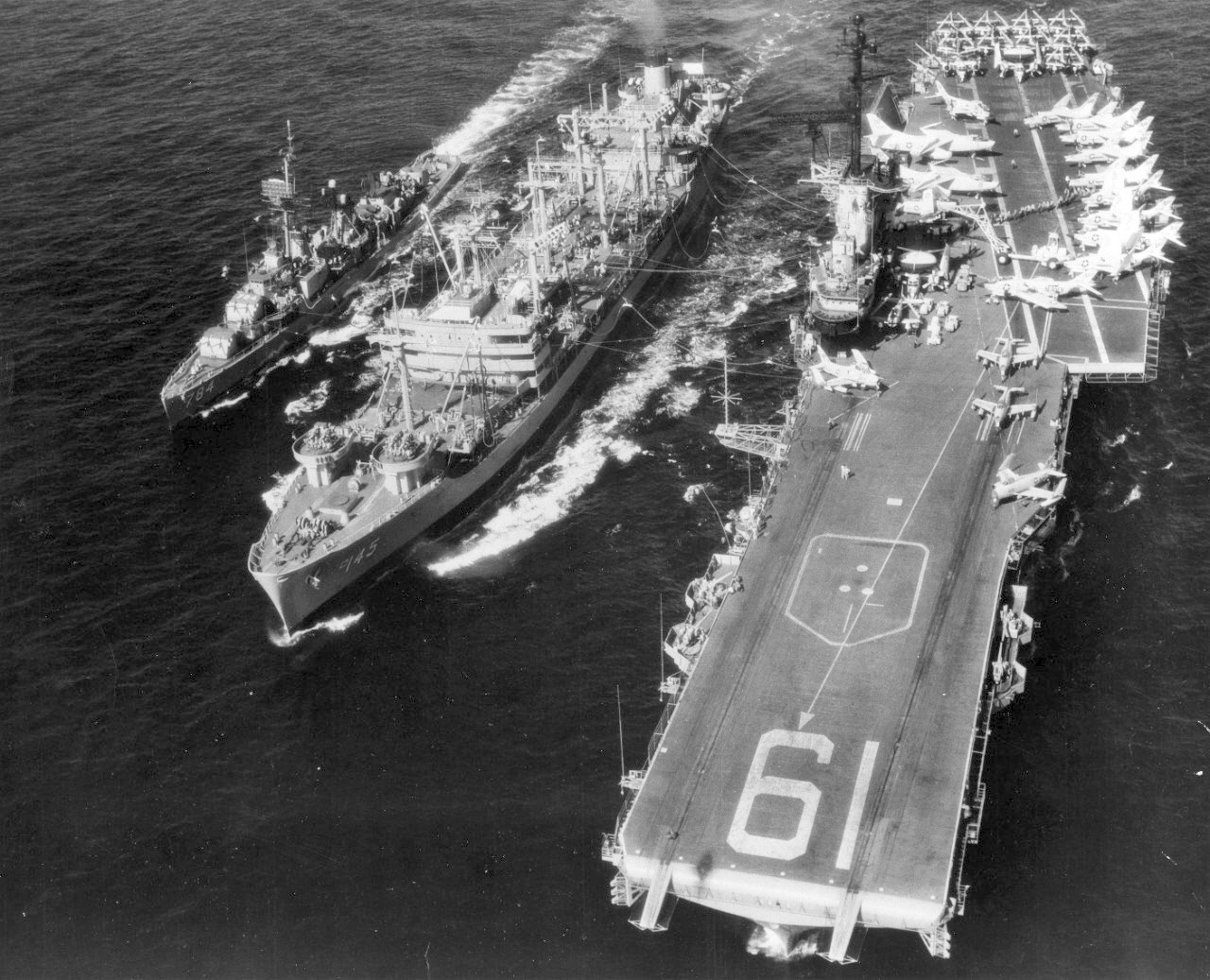 USS Hassayampa (AO-145) refueling USS Hancock (CVA-19) and USS McKean (DD-784)