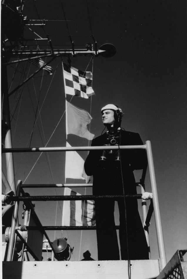 Seaman Curtis as port lookout, USS Hawkins (DD-873), 1971 