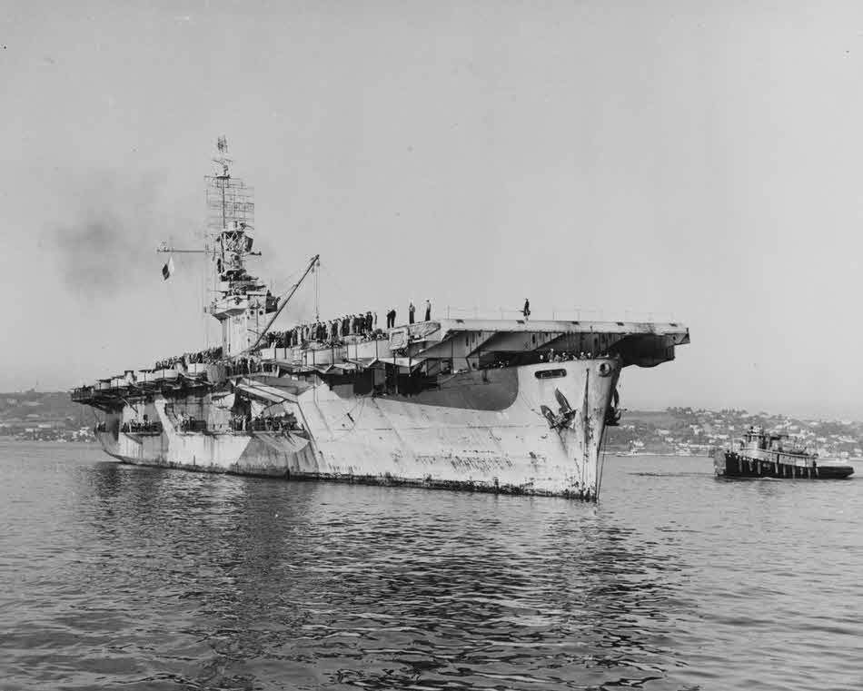USS Kalinin Bay (CVE-68) arriving at San Deigo for Repairs 