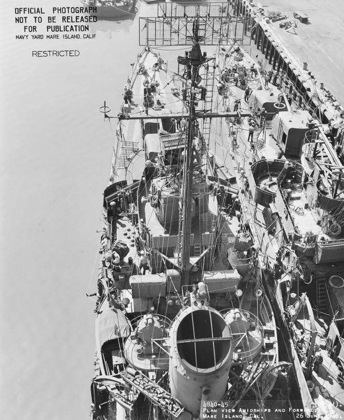 Amidships view of USS Kimberly (DD-521), Mare Island, 1945 