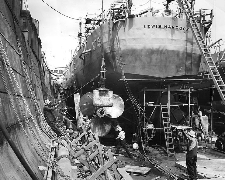 USS Lewis Hancock (DD-675) in dry dock, 1950s 
