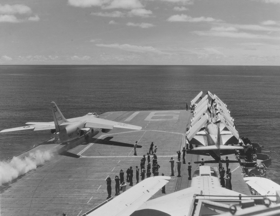 Douglas A3D Skywarrior takes off from USS Lexington (CV-16), 1958 