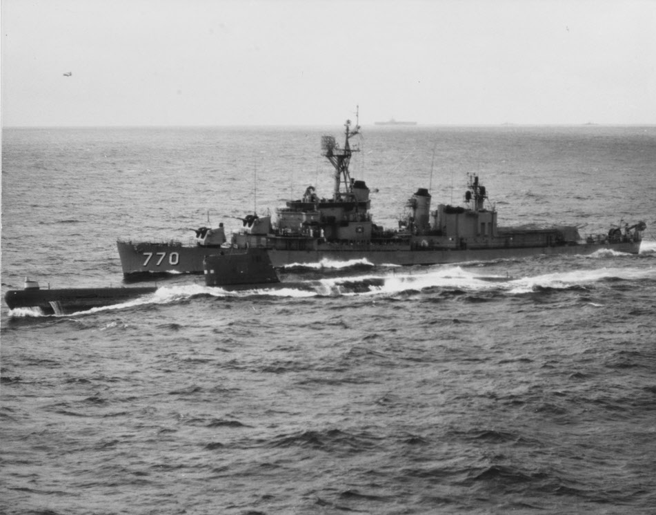 Soviet Foxtrot class submarine alongside USS Lowry (DD-770), 1960s 