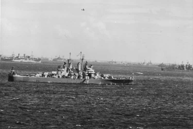 USS Miami (CL-89) departing for Okinawa, March 1945 