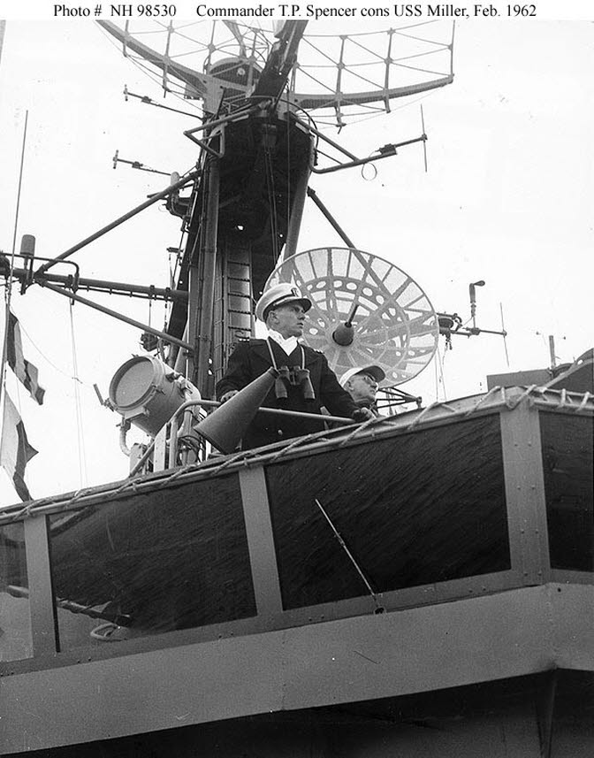 Commander Thaxter P Spencer brings USS Miller (DD535) into port, 1962 