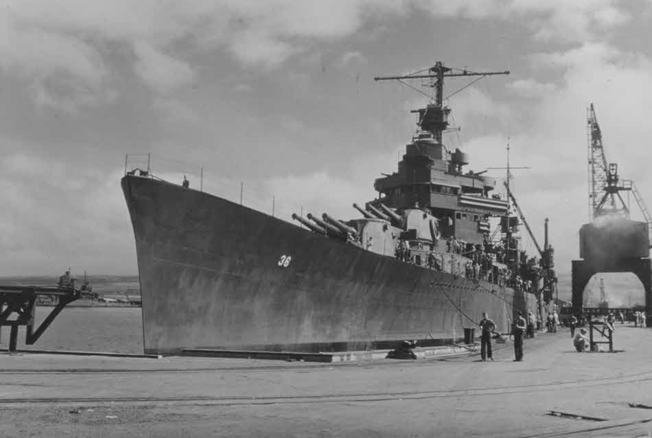 USS Minneapolis (CA-36) with New Bow, 11 April 1943 