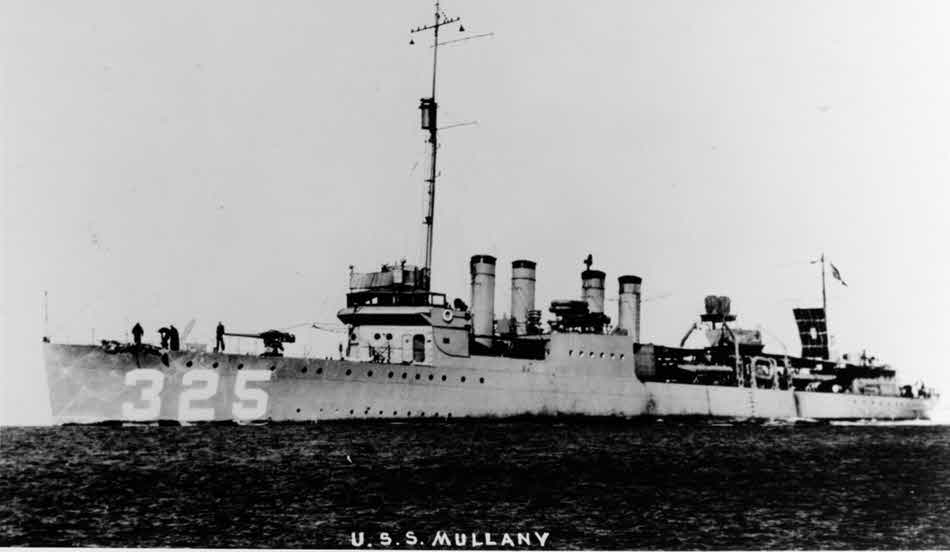 USS Mullany (DD-325) with a battle practice target 