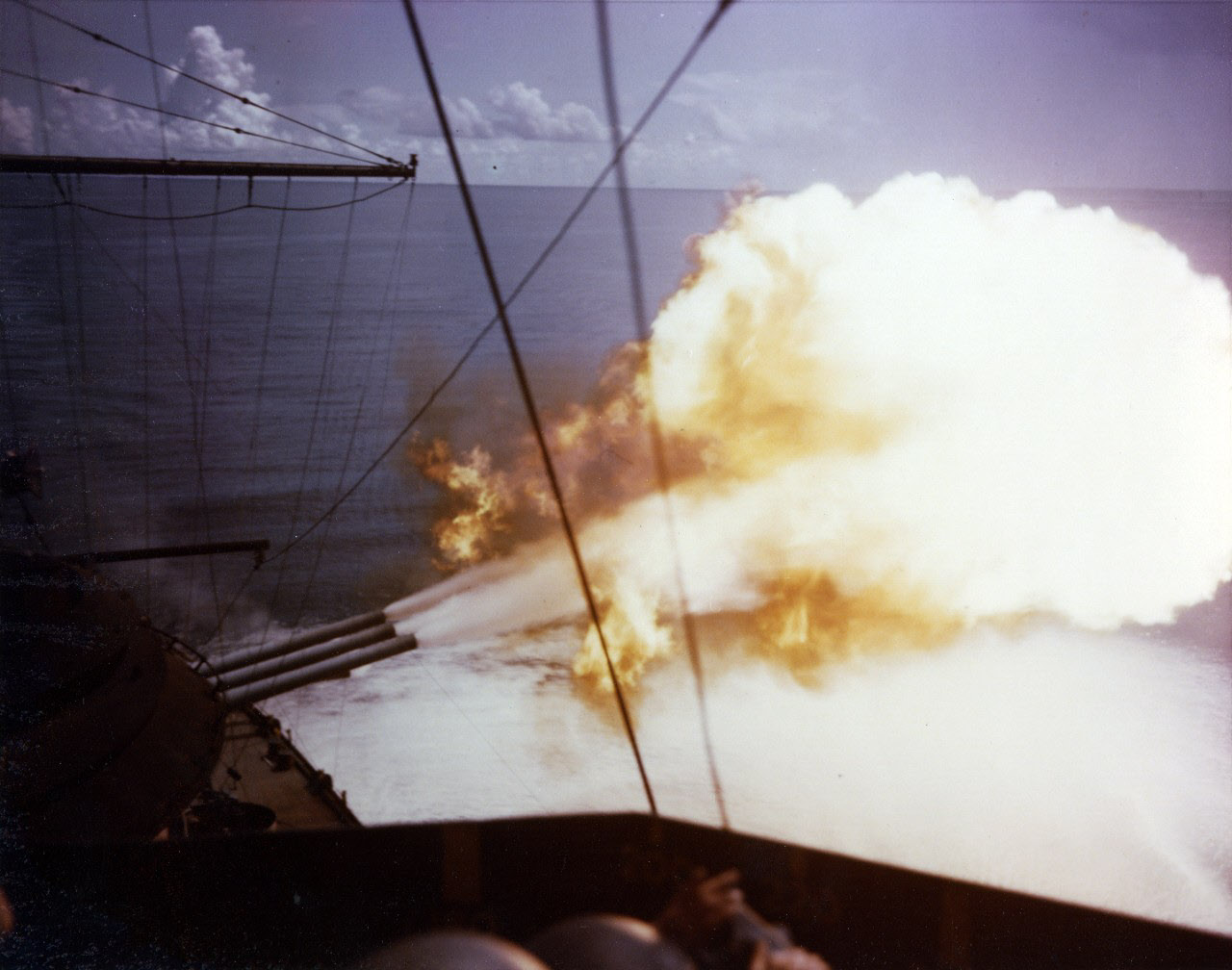 Firing USS New Mexico (BB-40)'s aft guns, Guam 