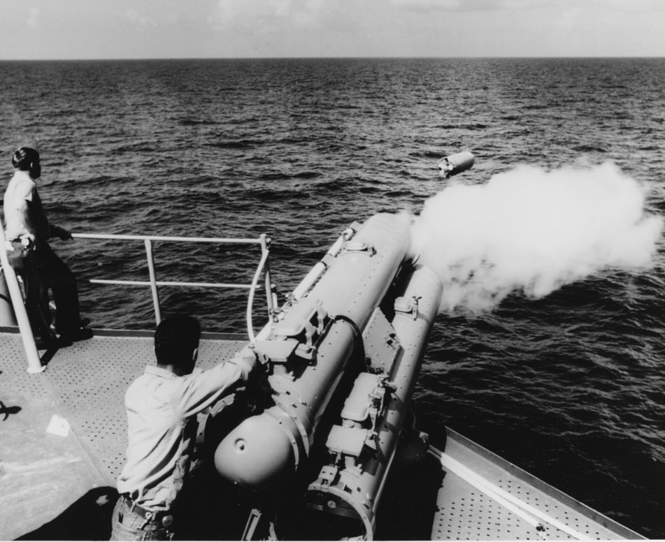 USS Newman K Perry (DD-883) fire anti-submarine torpedo 
