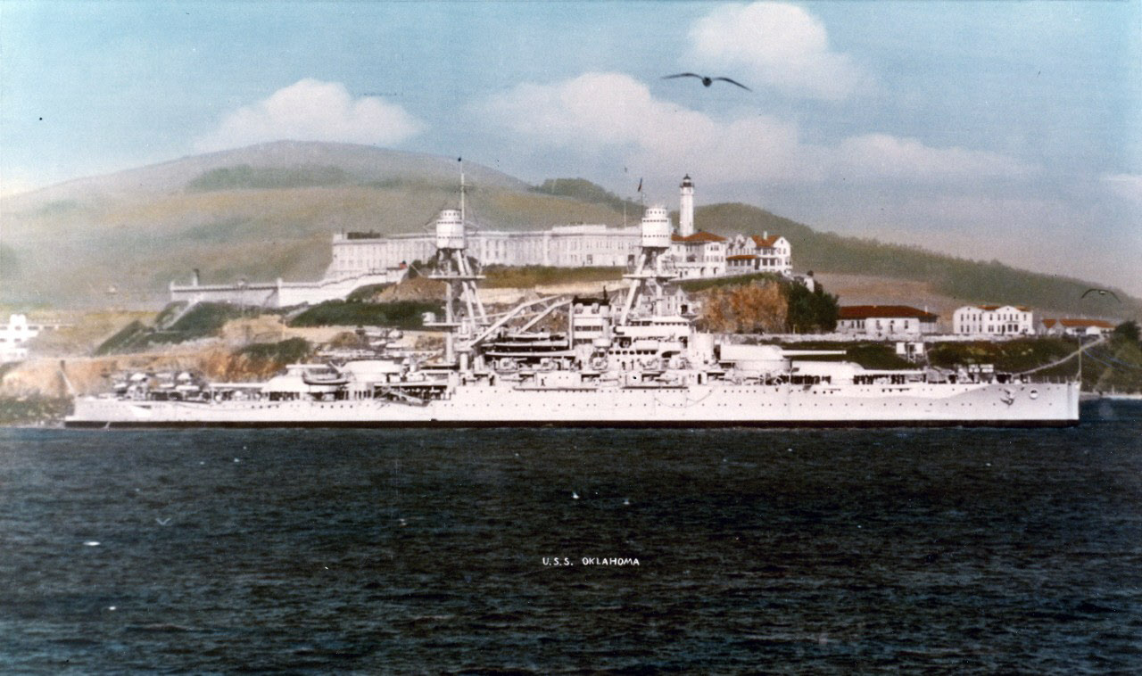 USS Oklahoma (BB-37) passes Alcatraz, 1930s 