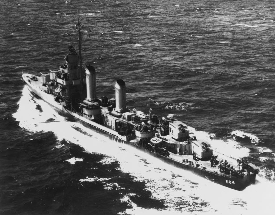 USS Parker (DD-604) see from above off New York, 1945 