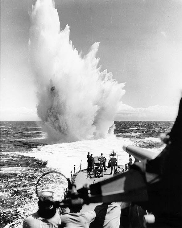Depth Charge explodes behind USS Philip (DD-498)