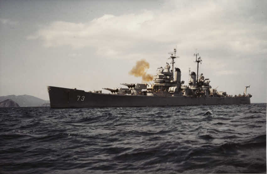 USS Saint Paul (CA-73) firing 5in/ 38 Guns, Wonsan, 1951 