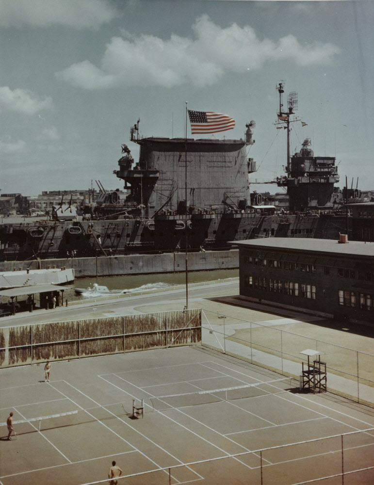 USS Saratoga (CV-3) at Ford Island, 1945 