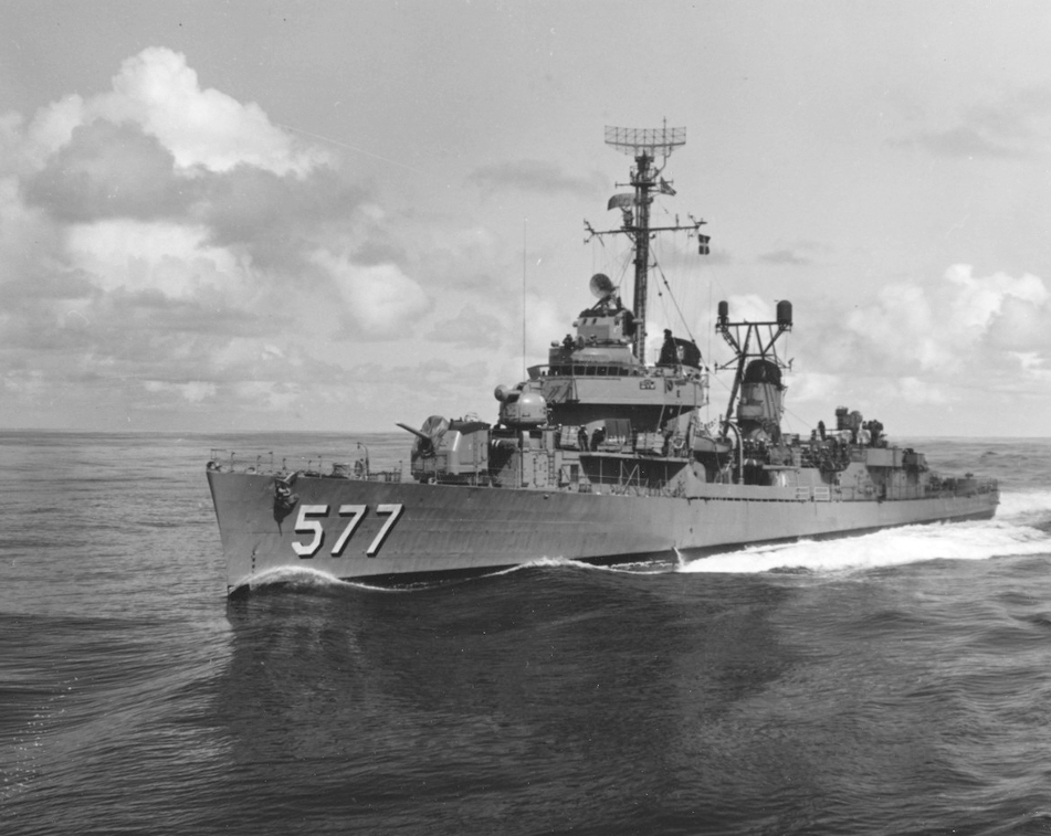 USS Sproston (DD-577) coming alongside Coral Sea (CVA-43), 1965 