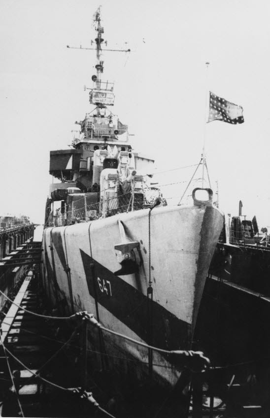 USS Thorn (DD-647) in floating dry dock, Ulithi, 1945 