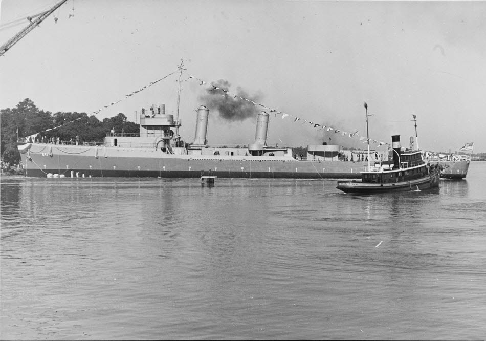USS Tillman (DD-641) being towed after launch 