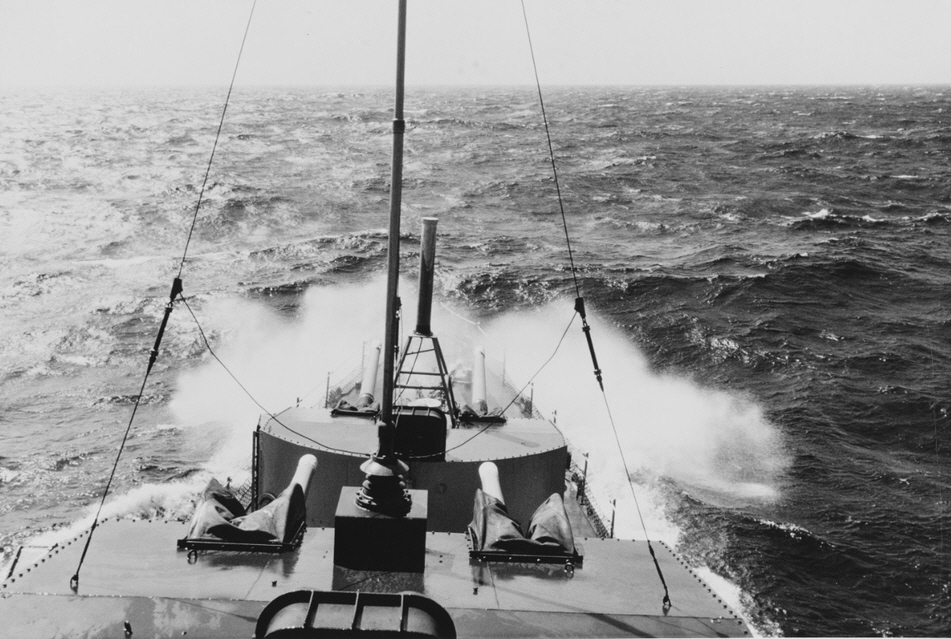 View forward from pilothouse, USS Waldron (DD-699), 1969 