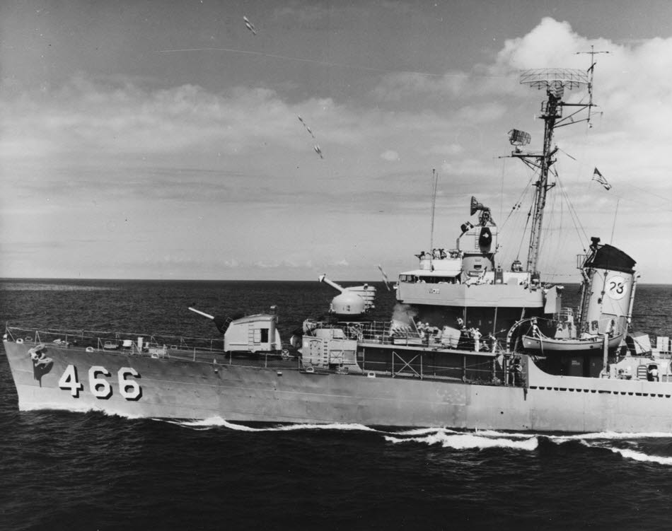 USS Waller (DD-466) firing Hedgehog, 1959 