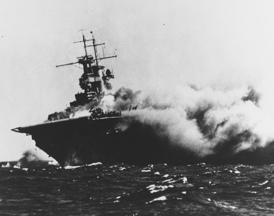 USS Wasp (CV-7) burning and listing, 1942 
