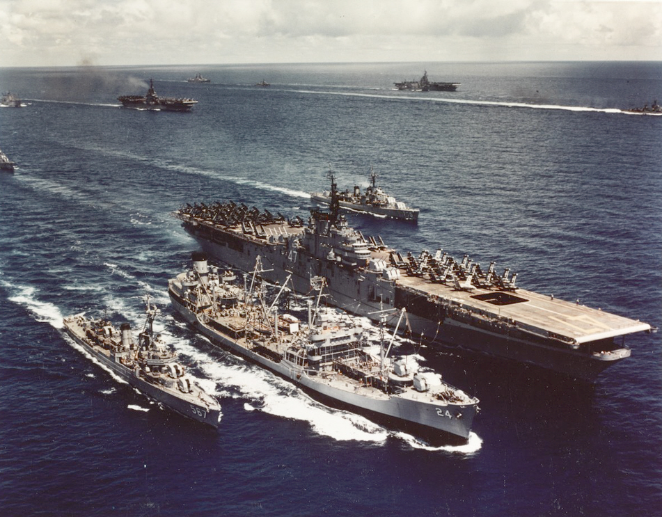 USS Watts (DD-567) and USS Philippine Sea (CVA-47) refueling at sea, 1955 