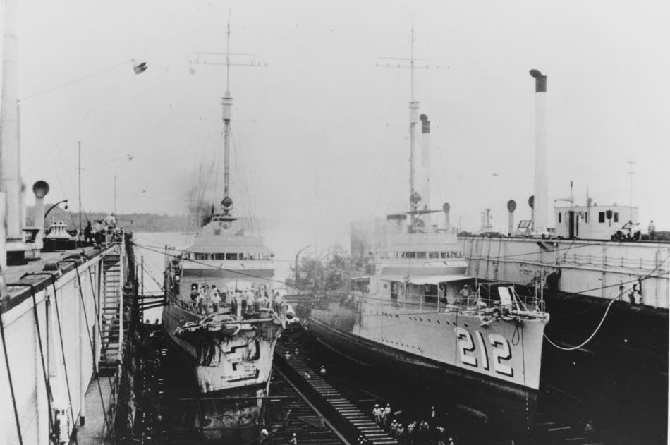 USS Whipple (DD-217) and USS Smith Thompson (DD-212) at Dewey Dry Dock after 1936 Collision 