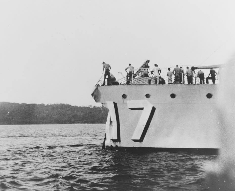 Bow of USS Whipple (DD-217) after collision with USS Smith Thompson (DD-212) 