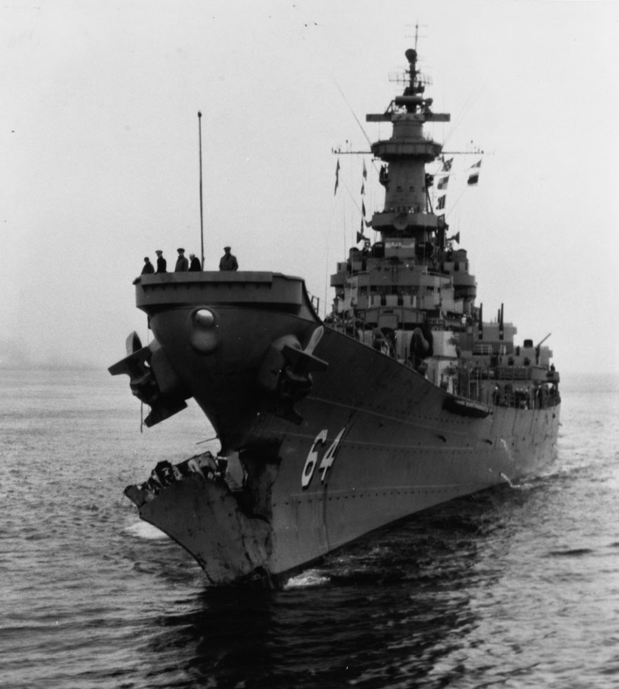 USS Wisconsin (BB-64) with damaged bow, 1956 