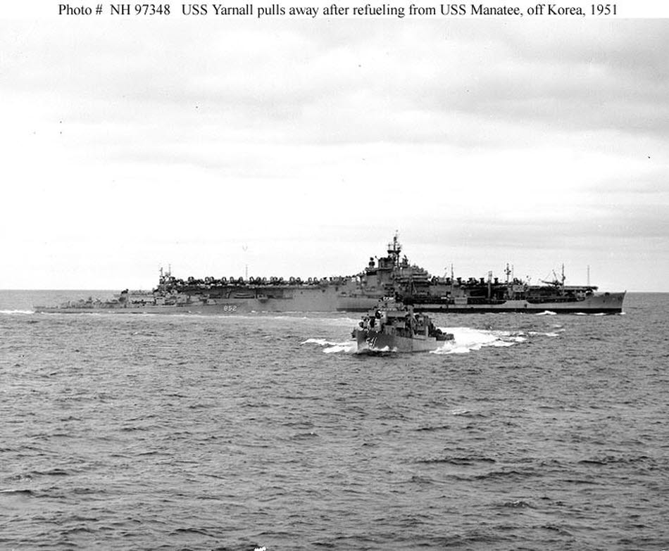 USS Yarnall (DD-541) leaving oiler Manatee, 1951 