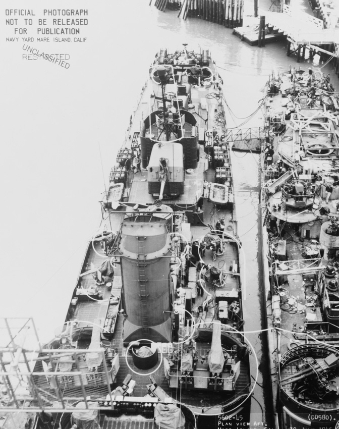 Rear view of USS Young (DD-580), July 1945 