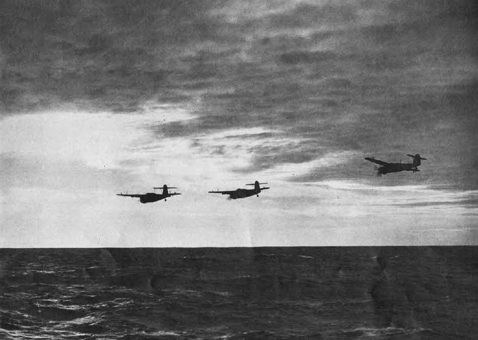Formation of Fairey Barracudas over the Sea 