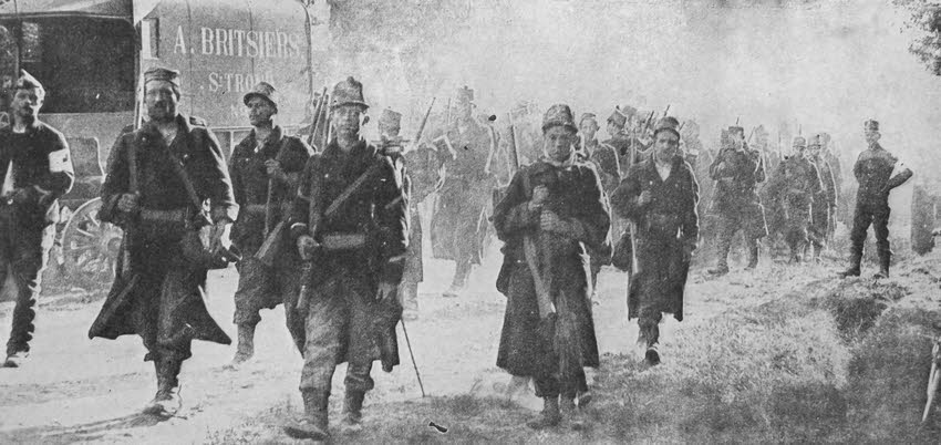 Tired Belgian Infantry approach the Front, 1914 