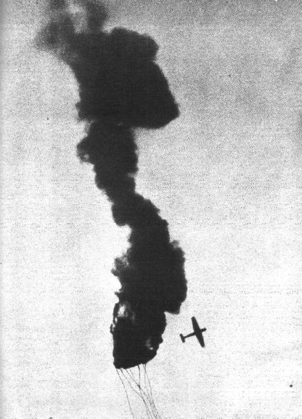 Messerschmitt Bf 109 shoots down barrage balloon
