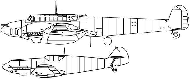 Side plans of the Messerschmitt Bf 109E-4 and the Messerschmitt Bf 110C-4 showing clearing just how much larger the two engined fighter was. 