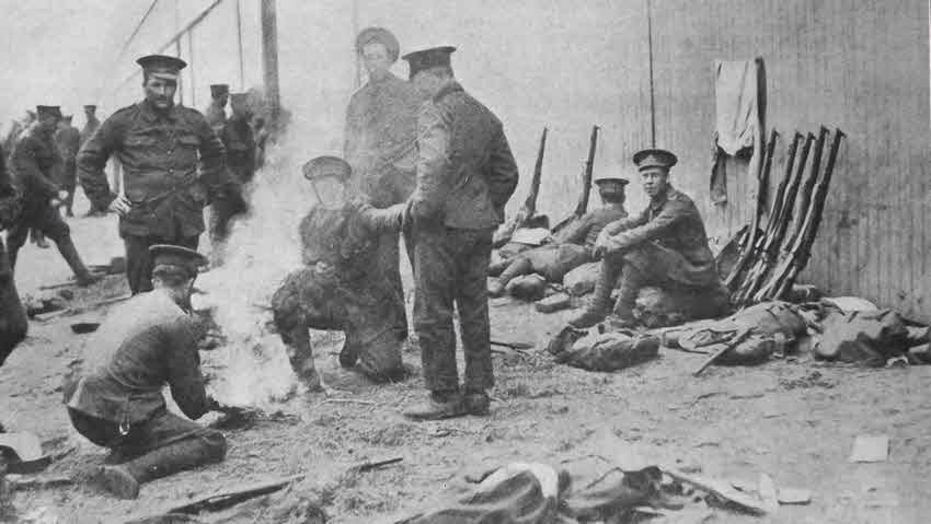 British Troops cooking on way to front, 1914 