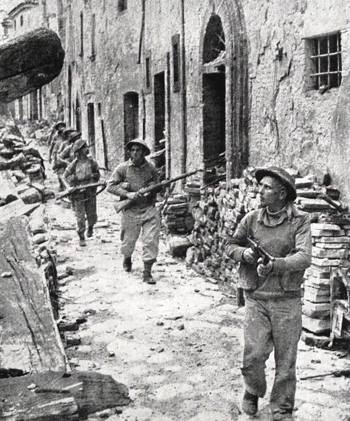 British Infantry mopping up in Umbertide, July 1944 