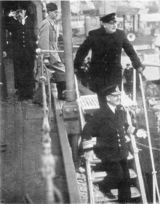 Churchill on a visit to a destroyer depot ship 