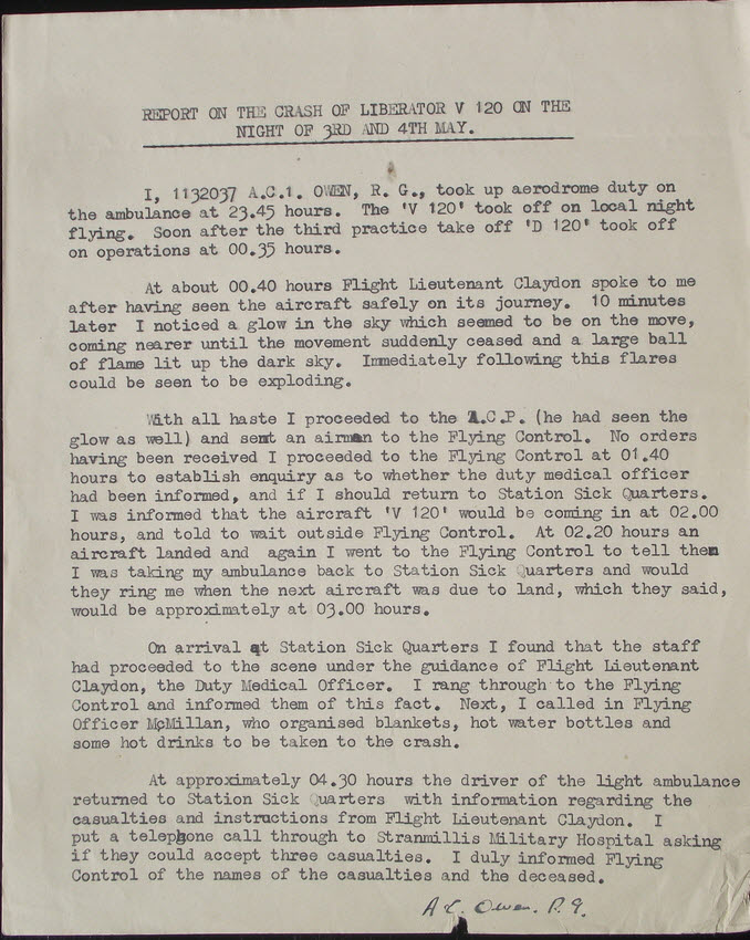 Crash Report, Liberator, No.120 Sqn, 3-4 May 1942, R.G. Owen 
