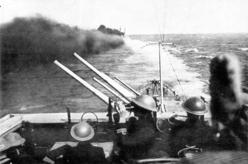 British Cruisers make smoke during Malta Convoy